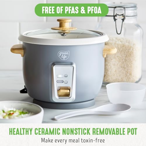 GreenLife 1.5 QT Electric Rice Cooker, Grey, 3-Cups Uncooked/6-Cups Cooked, One-Touch Control, PFAS-Free Removable Nons